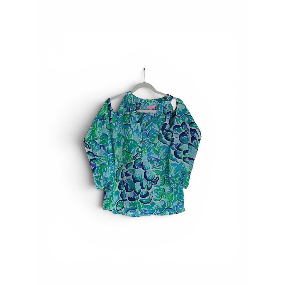 Lilly Pulitzer Sunny Shoulder Elsa Top Agate Green Lazy River Silk Blouse XS